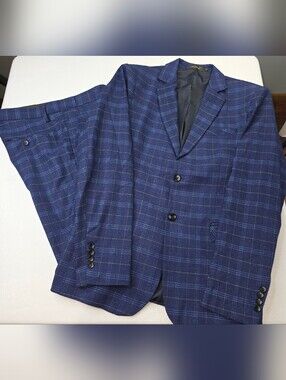 Cloud Style Men's Blue Plaid Two Piece Suit Jacket and Pants Size Large A-3714